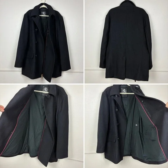 Express Men's Wool Blend Pea Coat Sz XL Black Double Breasted Classic Old Money